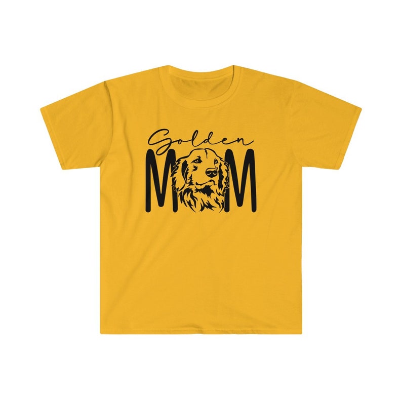 K&ouml;nnte beinhalten: Ein gelbes T-Shirt mit schwarzem Text, der "Golden Mom" lautet, und einer schwarzen Silhouette eines Golden Retriever-Hundekopfes.
