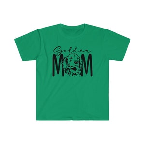 K&ouml;nnte beinhalten: Gr&uuml;nes T-Shirt mit schwarzem Text "Golden Mom" und einer schwarzen Silhouette eines Golden Retriever-Hundekopfes.