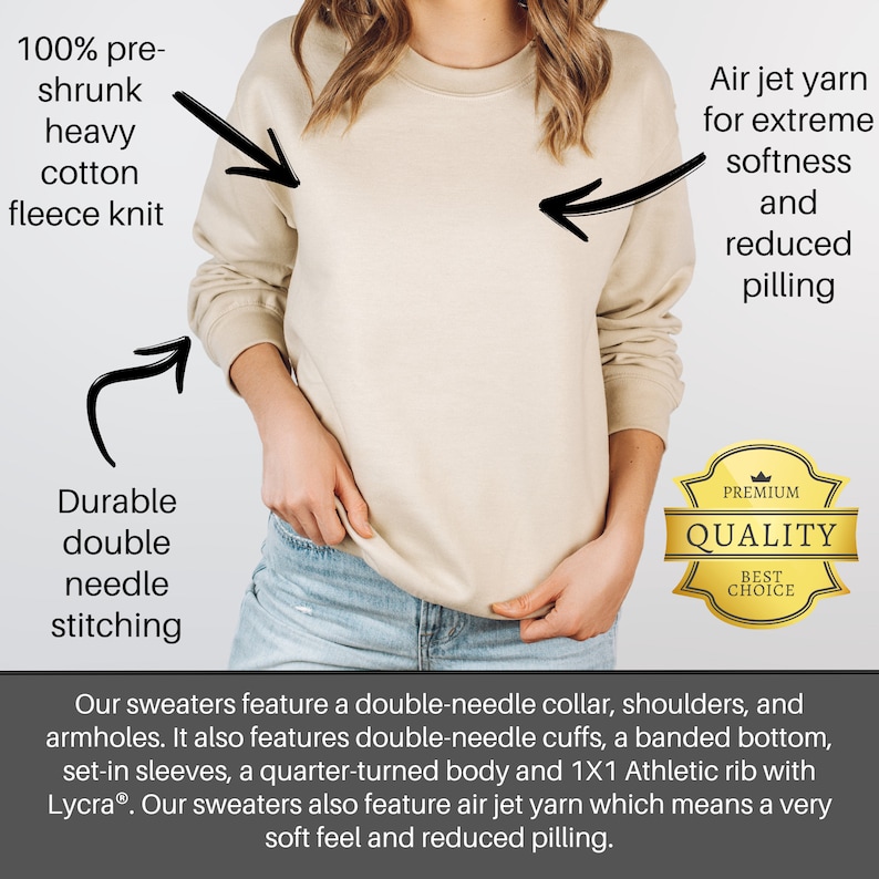 May include: A beige fleece knit sweatshirt with a crew neck. The sweatshirt is 100% pre-shrunk, heavy cotton, and features double-needle stitching. The text "PREMIUM QUALITY BEST CHOICE" is on a gold tag attached to the sweatshirt.