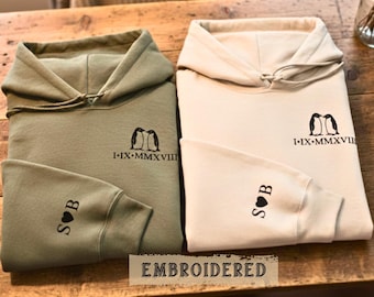 Embroidered Roman Numerals Penguins Hoodie | Couples Matching Sweater for Valentines Day or Anniversary Gift, Custom Personalized Sweatshirt