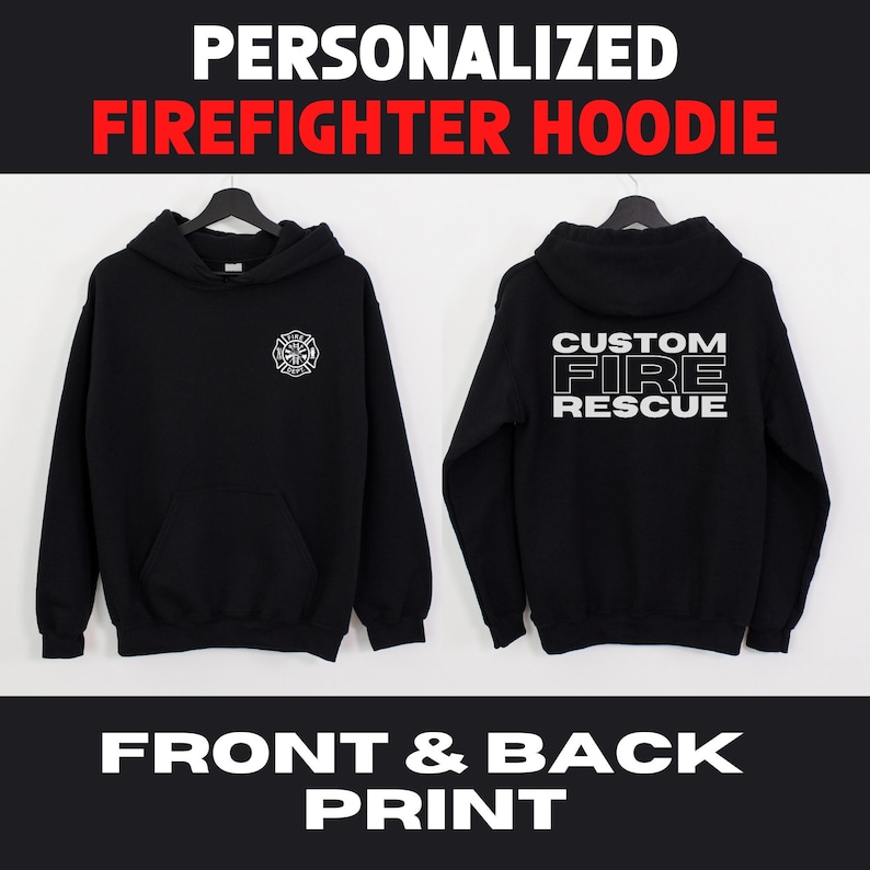 Peut inclure: Sweat-shirt &agrave; capuche noir avec un logo de pompier blanc sur le devant et le texte "CUSTOM FIRE RESCUE" au dos.