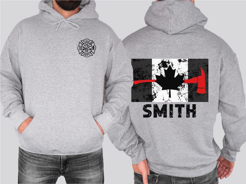 Aangepaste brandweerhoodie | Canada dunne rode lijn trui | Gepersonaliseerde cadeaus voor brandweerman | Cadeau Canadese brandweerman | Vlag van Canada afbeelding 5