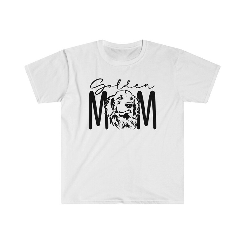 K&ouml;nnte beinhalten: Wei&szlig;es T-Shirt mit schwarzem Text "Golden Mom" und einer schwarzen Silhouette eines Golden Retriever-Hundekopfes.