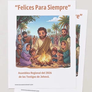 Può includere: Una carta stampata con la scritta "Felices Para Siempre" e un'illustrazione di persone riunite attorno a un fuoco. La carta include anche il testo "Asamblea Regional del 2026 de los Testigos de Jehová."