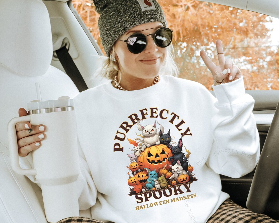 Spooky Cat Halloween Sweater Ghost Cats Sweatshirt Halloween Etsy