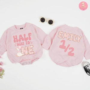 Half Way To One Baby Romper, Girls 6 month Birthday Bodysuit, Half Birthday Baby Shirt, 1/2 Birthday Outfit, Duck Half Birthday Romper.