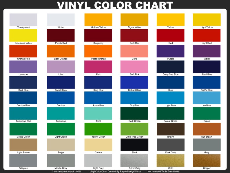 Vinyl decal color chart