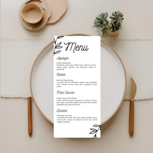 Szablon Canva Menu na stół weselny, prosty projekt liścia, dostosowywalny, AA01, elegancki, do druku, przyjęcie, edytowalny, wydarzenie, wieczór panieński