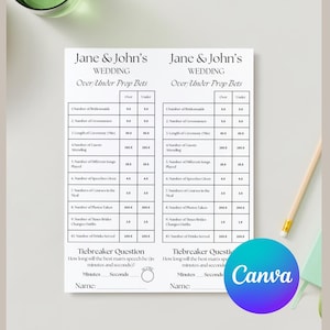 Hochzeit Over / Under Prop Bets Canva Vorlage, Einzigartiges Hochzeitsspiel, druckbare Brautdusche Aktivität, lustige Hochzeitsfeier digitaler Download