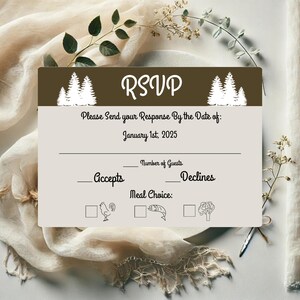 Antwortkarte zum Thema Nationalpark-Themen Canva Vorlage, Rustikales Hochzeit Antwortkarten Design, bearbeitbare Natur inspirierte Antwortdatei, Abenteuer Hochzeitsvorlage, sofort verfügbar