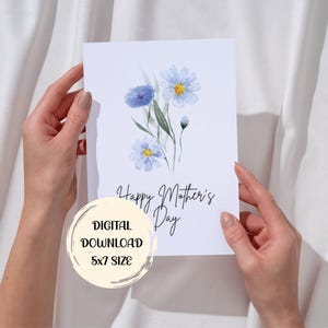 Tarjeta digital con flores azules para el Día de la Madre (PDF imprimible, descarga instantánea) Tarjeta de felicitación floral sencilla para mamá Arte para tarjetas del Día de la Madre