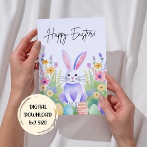 Biglietto di auguri di Pasqua con coniglietto, stampabile, digitale, formato 5x7, busta gratuita, biglietto di auguri di Pasqua con coniglietto floreale, uova colorate, acquerello, auguri di Pasqua