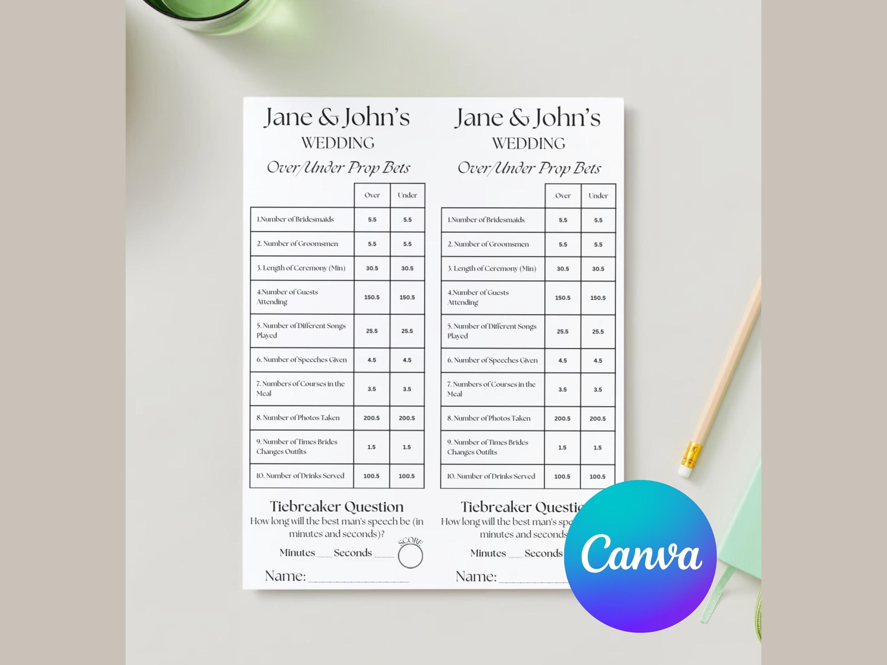 Wedding Over/under Prop Bets Game: Bridal Shower Activity (digital ...