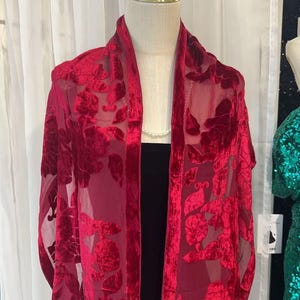 Puede incluir: Un chal de terciopelo rojo con un estampado floral está drapeado sobre un maniquí. El chal es de un tono rojo intenso con un fondo transparente, y el diseño floral es de terciopelo texturizado más oscuro. El maniquí lleva un top negro.