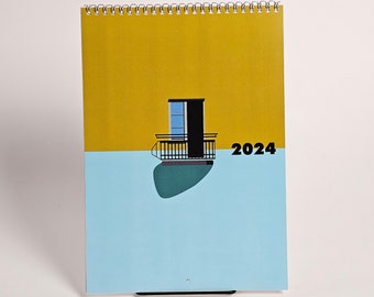 Calendrier 2024 avec 3 colonnes pour vos rendez-vous et illustrations de différentes fenêtres