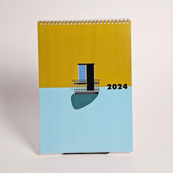 Calendar 2024 with 3 colums for your appointments and illustrations of diffenrent windows