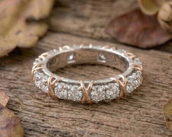 Solid Gold Two Tone Eternity Ring, Sixteen Stone Anniversary Band, Criss Cross X Crossover Wedding Ring, Diamond Style Bridal Band for Her,