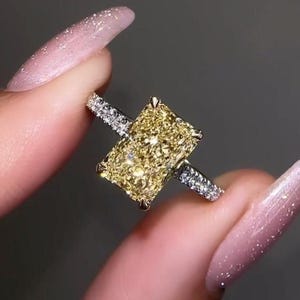 2CT Radiant Cut Yellow Lab Diamond Ring: 14K Gold Hidden Halo Promise Ring