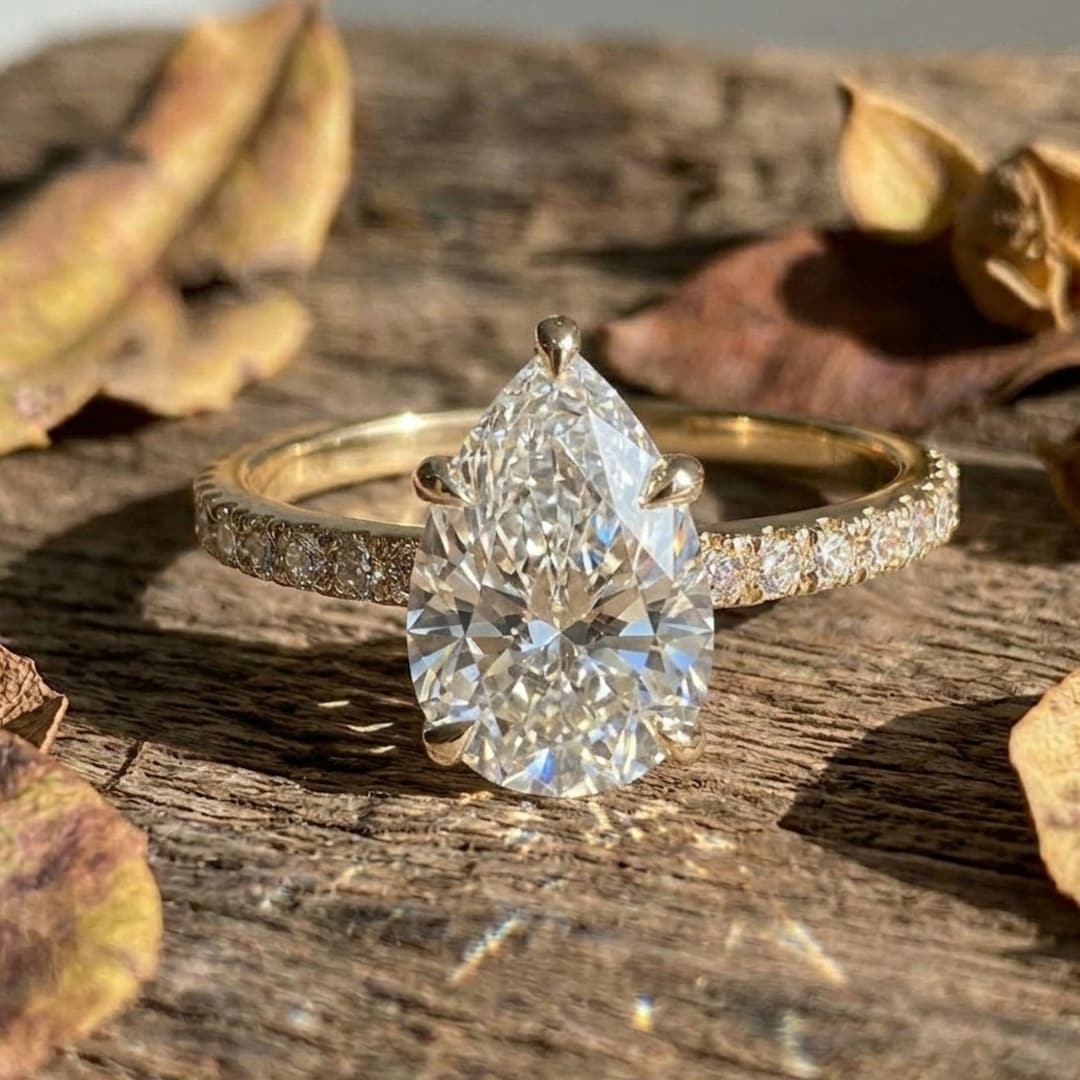 2 Ct Pear Cut Lab Grown Diamond Engagement Ring 14K Gold Side Stone ...