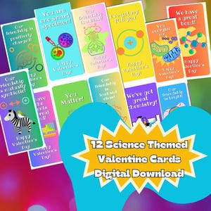 Può includere: Dodici biglietti di San Valentino stampabili a tema scientifico. I biglietti presentano illustrazioni colorate e giochi di parole legati alla scienza, come "La nostra amicizia è un'esplosione!" e "Mi dai energia!"