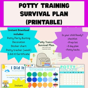 Könnte beinhalten: Ein druckbarer Töpfchentrainings-Überlebensplan mit dem Text "Potty Training Survival Plan (Printable)". Enthält eine Checkliste, eine Vorbereitungsliste, einen 3-Tage-Plan, Töpfchentricks, eine Aufkleberkarte und ein Zertifikat. Mit farbenfrohen Grafiken.