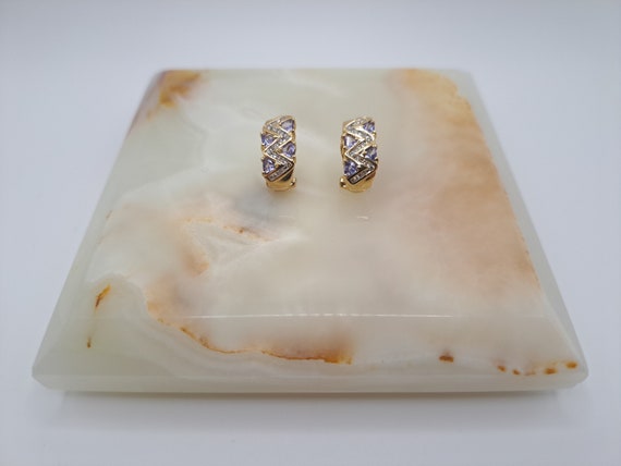 Vintage 10K Gold Tanzanite & Diamond Hoop Earrings - image 5