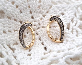 Vintage 10K Two Tone Gold & Diamond Hoop Earrings