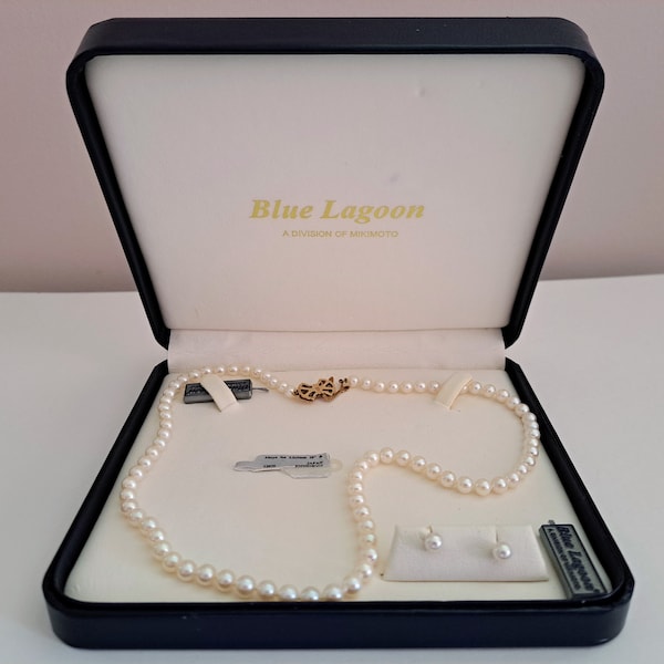 Blue Lagoon by Mikimoto Vintage 14K 5-5.5mm Akoya Pearl Necklace & Earrings Set