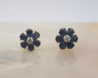 Vintage 10K Gold Diamond & Sapphire Flower Stud Earrings