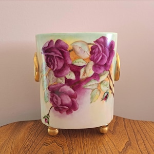 Antique 1914 Fuchsia Roses Limoges Cache Pot Vase Hand Painted