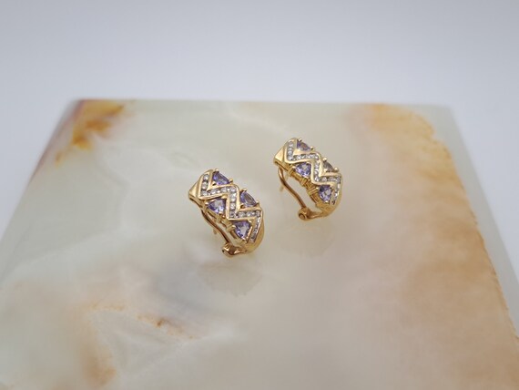 Vintage 10K Gold Tanzanite & Diamond Hoop Earrings - image 3