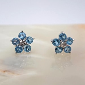 Vintage 10K Blue Topaz & Diamond Flower Stud Earrings