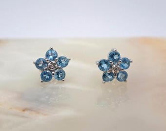 Vintage 10K Blue Topaz & Diamond Flower Stud Earrings