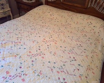 Vintage Set Pink Floral Queen Cotton Quilt 88" X 98" Reversible With Shams