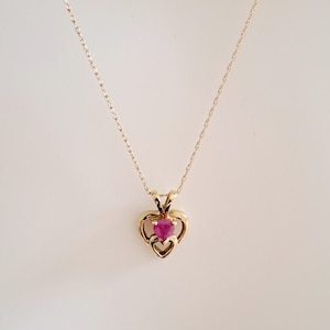 Solid 10K Yellow Gold Ruby Heart Pendant 18" Necklace