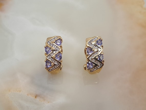 Vintage 10K Gold Tanzanite & Diamond Hoop Earrings - image 1