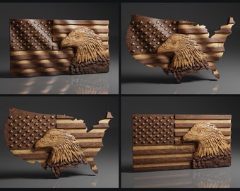 USA Flag and Map - Eagle - Pack - CNC Files For Wood, 3D STL Models