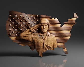 USA Wavy Map and Flag - Soldier - CNC Files For Wood, 3D STL Model