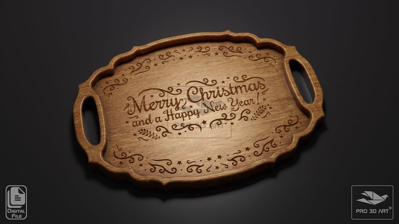May include: A wooden serving tray with a carved design and the text "Merry Christmas and a Happy New Year!"