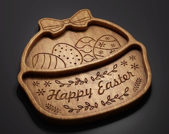 Könnte beinhalten: Ein hölzerner Osterkorb mit einer Schleife oben. Der Korb ist in zwei Abschnitte unterteilt, einen für Eier und einen für Leckereien. Der Korb ist mit den Worten "Frohe Ostern" und Blumendesigns verziert.