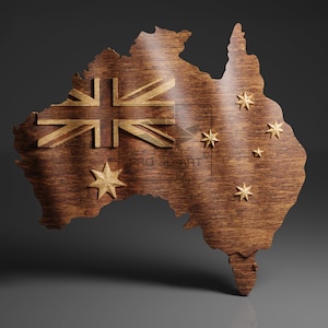 May include: A wooden map of Australia, stained brown, with the Australian flag and Southern Cross stars carved into the surface. The flag features a Union Jack and stars in a lighter wood tone.