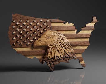 USA Map and Flag - Eagle - CNC Files For Wood, 3D STL Model