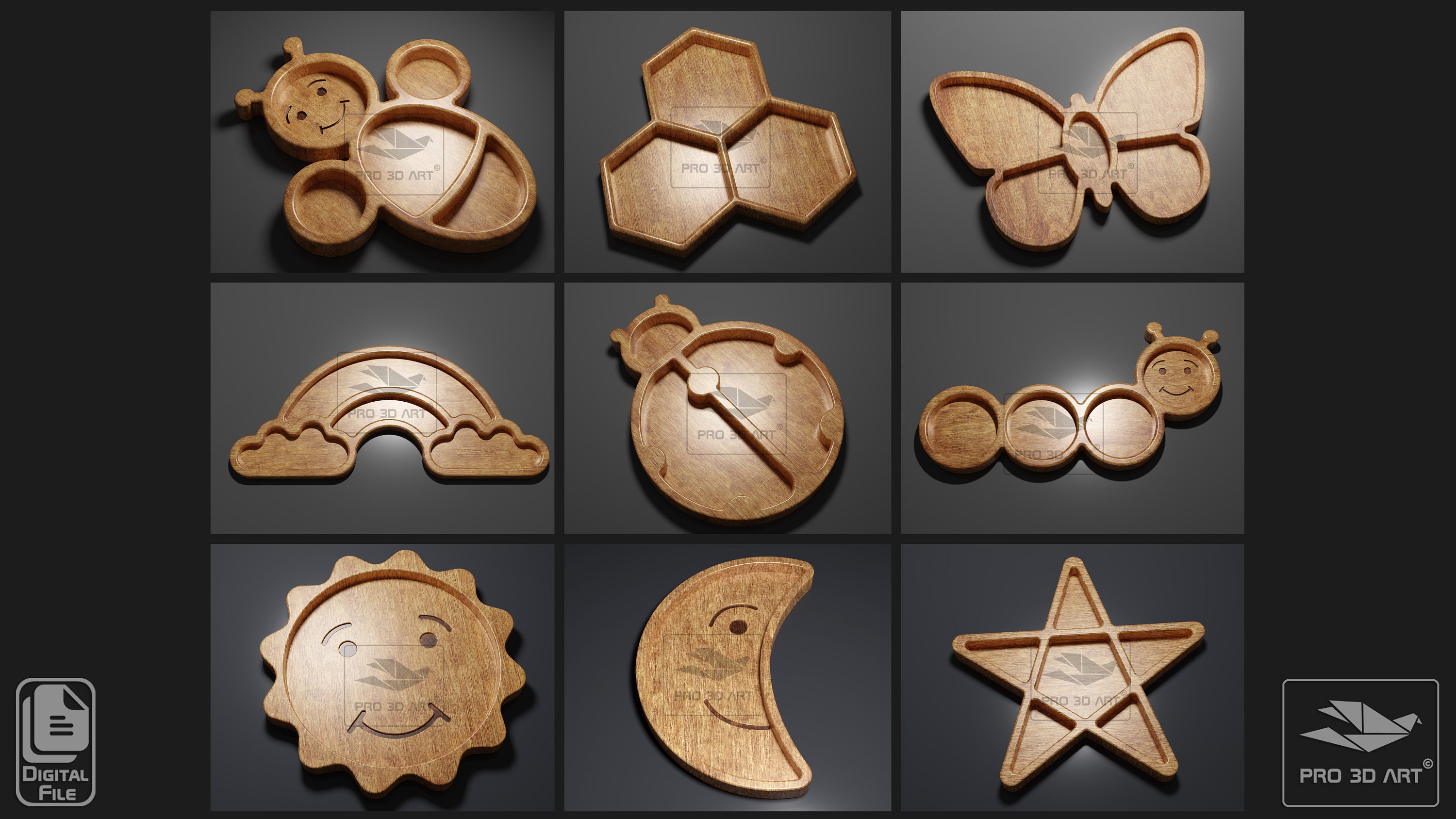 Pack of 9 Trays - 3D STL Files for CNC Router and 3D Printer (svg, Dxf ...