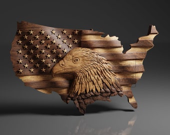 USA Wavy Map and Flag - Eagle - CNC Files For Wood, 3D STL Model
