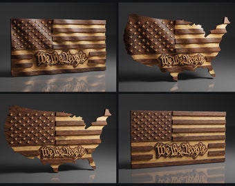 May include: Four different wood carvings of the American flag. The flag is carved in the shape of the United States, and the words "We the People" are carved into the bottom of the flag. The carvings are made of a light brown wood with darker brown accents.