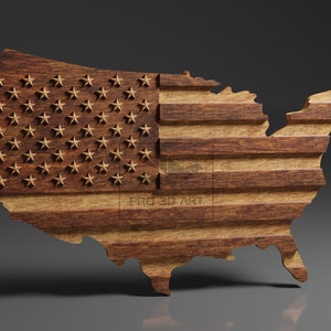May include: A wooden cutout of the United States of America in the shape of the country's map, with the American flag design carved into the wood.