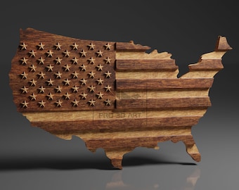 USA Map - Flag Mix Straight - CNC Files For Wood, 3D STL Model