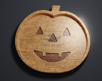 May include: A wooden pumpkin-shaped serving tray with a carved jack-o'-lantern face. The tray is made of light brown wood with a darker brown wood used for the face.
