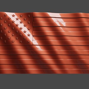 May include: A red, white, and blue American flag with a metallic finish. The flag is waving in the wind.