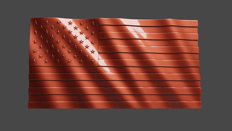 May include: A red, white, and blue American flag with a metallic finish. The flag is waving in the wind.
